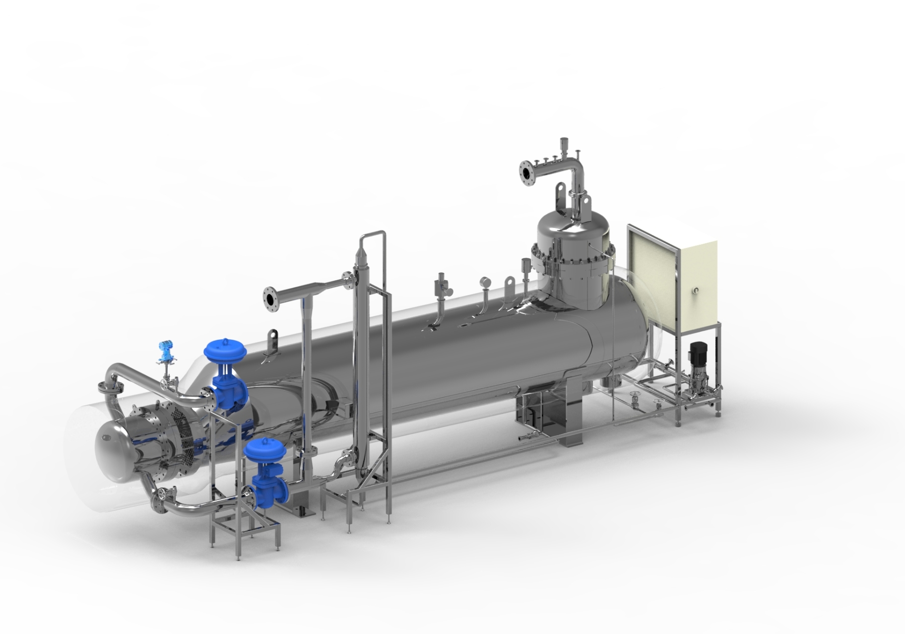 3D rendering of an industrial continuous liner drum or bag filling station, featuring a large horizontal cylindrical vessel with stainless steel piping, blue manual and automatic valves, and a control panel. This equipment is designed for sterile filling operations, with a focus on maintaining sanitary conditions and ensuring efficient and precise processing in an industrial environment.