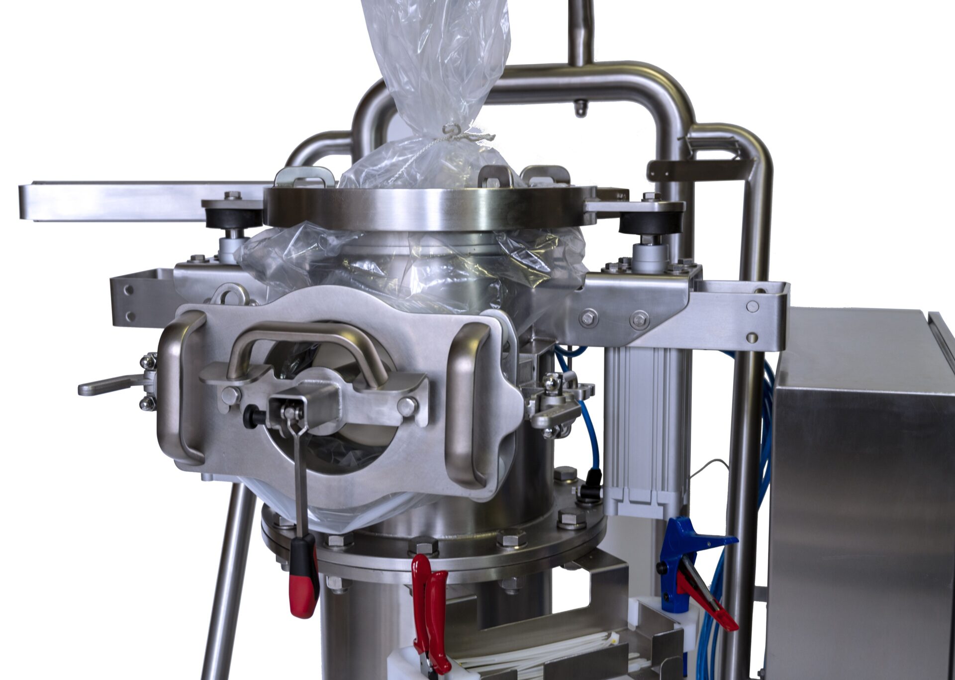 Close-up of the HECHT LAS-EC 'Easy' Liner Connection system, a sophisticated mechanism for discharging Big Bags, featuring secure handling and a simple operating process, designed for the safe and ergonomic release of powdered substances in industrial environments.