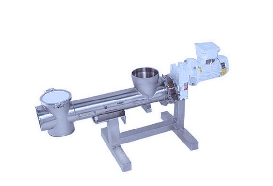 HECHT dosing screw conveyor on a metal support frame, with a hopper inlet and an end discharge. This stainless steel equipment is designed for precise metering and conveying of powdered or granular materials in industrial processes.
