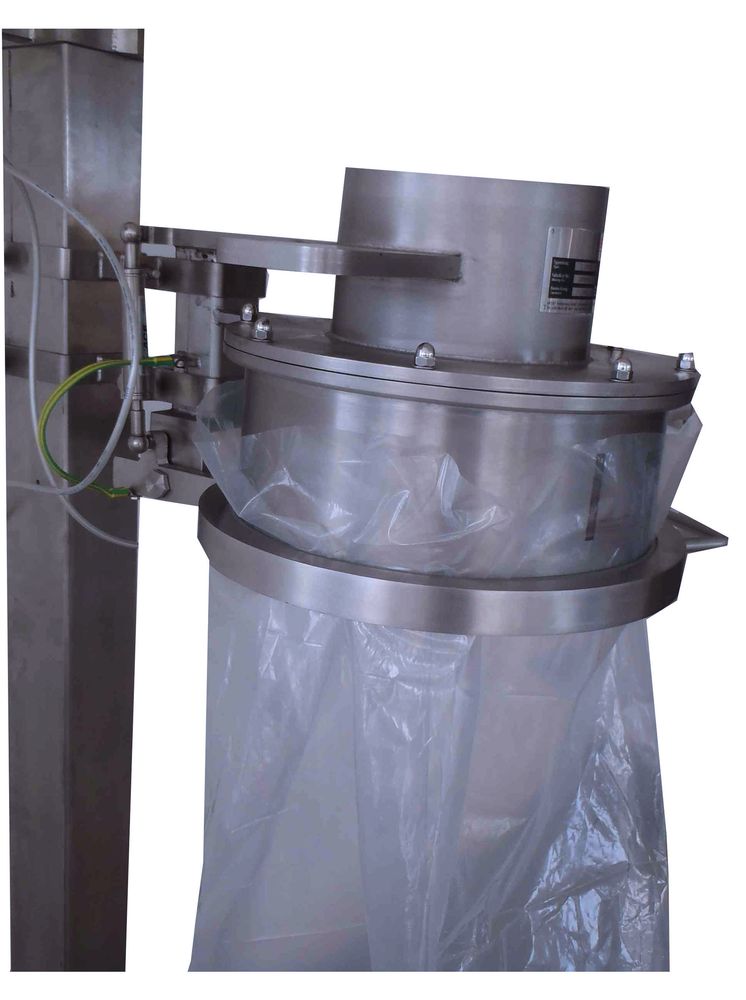 A HECHT filling head with filter mounted on a metallic structure, featuring a clear, flexible liner partially enveloping the device, designed for transferring materials to BigBags, drums, and sacks while minimizing dust and contamination.
