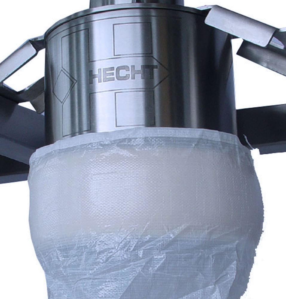 Close-up of a HECHT branded stainless steel filling head with a semi-transparent inflated liner attached, part of a powder transfer system ensuring a controlled, dust-free environment for material handling