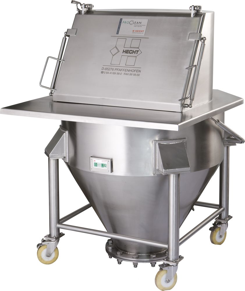 HECHT SE-RVS, a stainless steel sack discharging station with a hygienic design featuring an integrated vibrating sieve on a mobile frame with caster wheels. This station is engineered for contaminant separation and lump dissolution, with a round, easy-to-clean structure suitable for use in Ex-zones.
