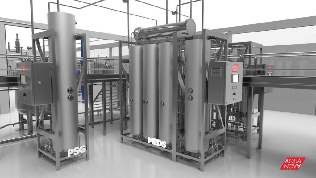 Alt text: "Industrial setting featuring AQUA-NOVA® pure steam generator and combi units, marked 'PSG' and 'MEDS' respectively, within a clean, modern manufacturing facility. The image displays the advanced water purification equipment prominently with the AQUA-NOVA® logo visible, indicating a high standard of water for injection (WFI) production.