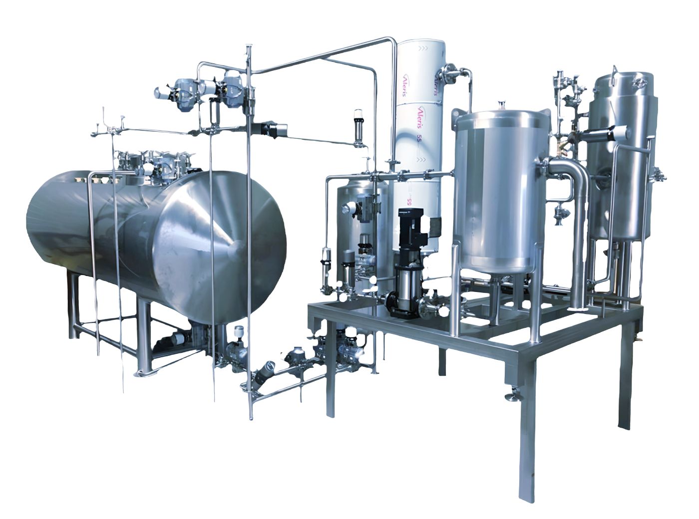 Industrial effluent decontamination station (mini series) by Pharmtec, featuring a horizontal storage tank and various vertical purification cylinders mounted on a metal frame. The assembly includes intricate piping, valves, and a control panel, constructed from stainless steel for high durability and hygienic standards.