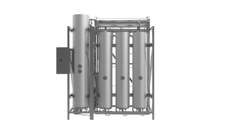 3D rendering of the AQUA-NOVA® COMBI unit, a sleek, industrial water treatment system featuring multiple vertical chambers and a control panel, designed for efficient production of both Water For Injection (WFI) and Pure Steam, highlighting its modern and functional design.