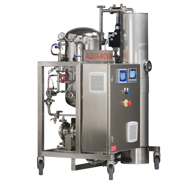 Alt text: "AQUA-NOVA® Laboratory Still for WFI and Pure Steam generation, featuring a compact stainless steel design with various gauges, valves, and a control panel. The unit is designed for reliable, easy handling with fully automatic function and surveillance, providing safe distillate quality that exceeds USP and EP standards for Water For Injection.