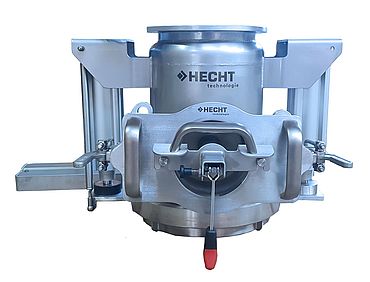 HECHT Liner Filling Head LBK, a metallic device designed for high containment, dust-free filling of bins, capable of accommodating both lined and unlined bins with an Occupational Exposure Limit of ≤ 1 μg/m³, ensuring safety and precision in material handling.