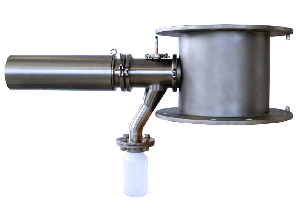 HECHT stainless steel 'Löffelprobenehmer' or spoon sampler, featuring a cylindrical body with a side pipe and a collection container attached, designed for precise bulk material sampling in industrial quality control processes.