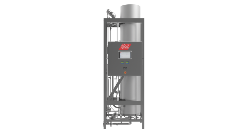 Vertical AQUA-NOVA® Pure Steam Generator displayed in isolation, featuring a tall cylindrical chamber with a control panel and structural framework, specifically designed to produce high-quality pure steam.