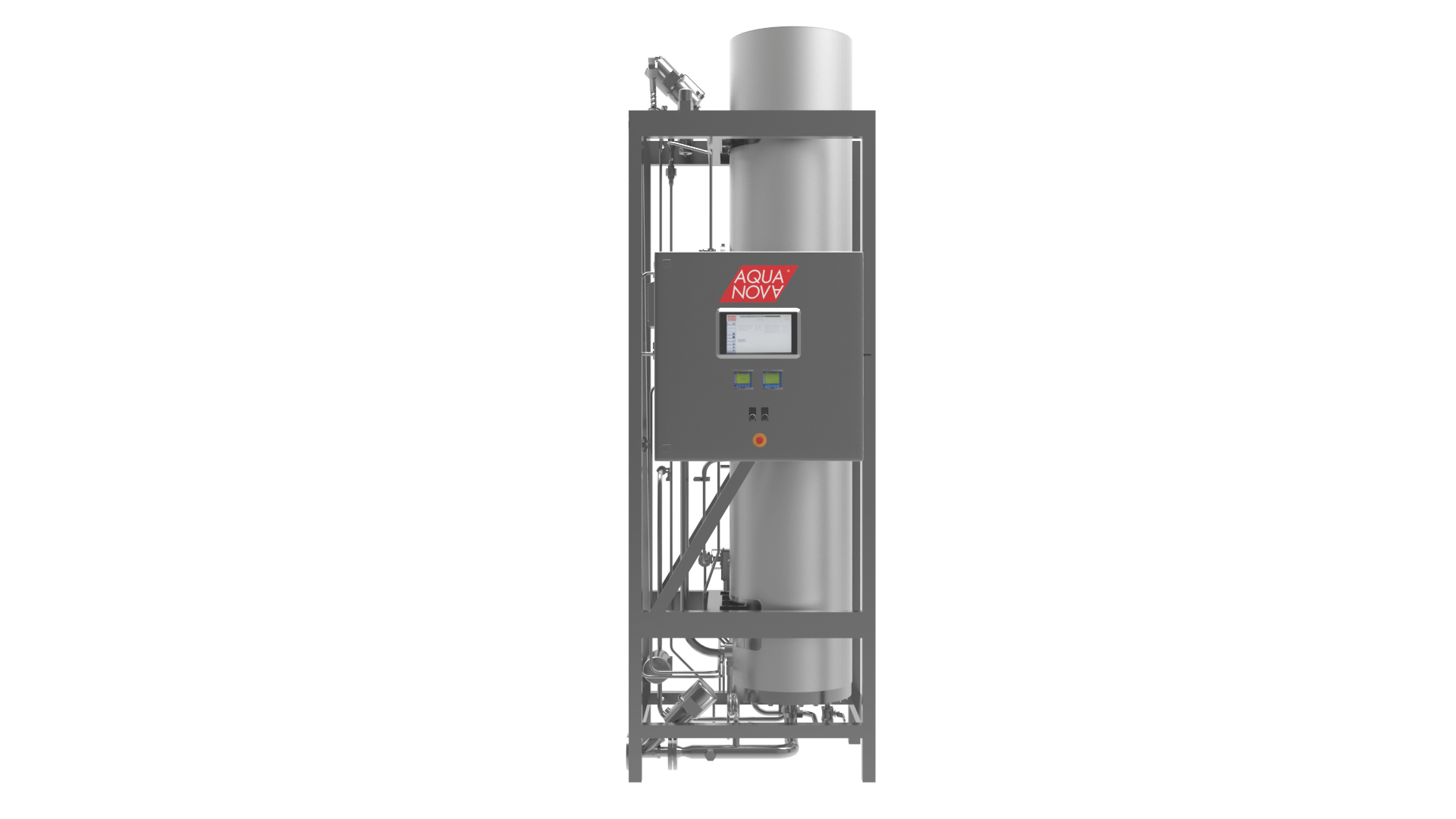 Vertical AQUA-NOVA® Pure Steam Generator displayed in isolation, featuring a tall cylindrical chamber with a control panel and structural framework, specifically designed to produce high-quality pure steam.