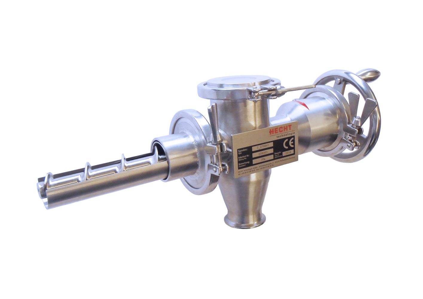 HECHT stainless steel screw sampler device for industrial use, featuring a robust body with an extendable sampling probe and a CE mark, designed for efficient and reliable collection of material samples from process streams.