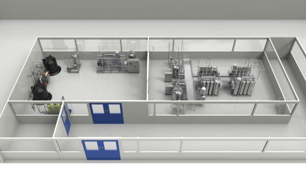 Bird's-eye view of an AQUA-NOVA® Water Room, rendered to showcase various water purification systems including tanks, piping, and control units within a clean, spacious industrial setting. The layout emphasizes efficiency and clean design, with clear zones for different stages of water processing.