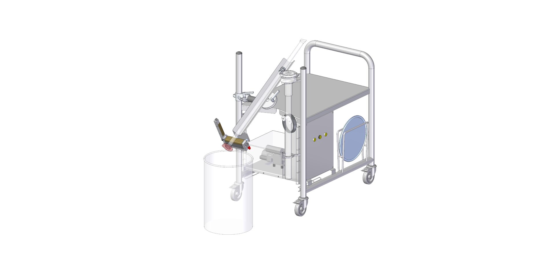 Illustration of a HECHT CPS Containment Sampling Stick Test Trolley, a mobile testing unit equipped with a sampling stick showcasing a sturdy metal frame on wheels for easy manoeuvrability, designed for secure and efficient sample collection in a laboratory or industrial setting.