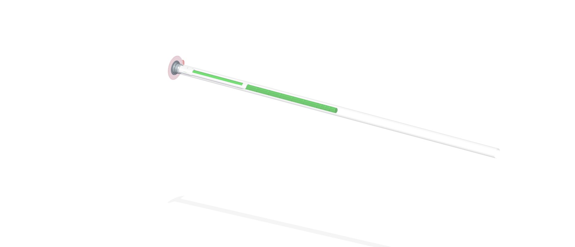 The HECHT Containment Sampling Stick, a sleek, patented pending device for high containment sampling of critical substances up to OEB Level 5, featuring a long lance with a green stripe, emphasizing its use in safe, efficient, and cross-contamination free collection of hazardous materials.