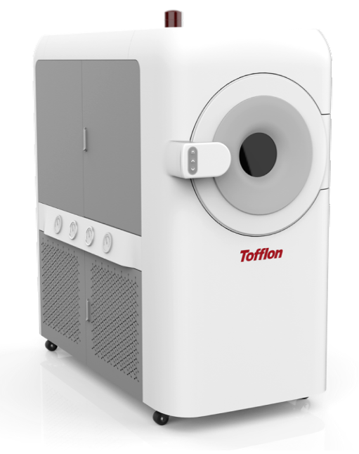 Tofflon lyophilizer, a modern freeze-drying machine for pharmaceutical applications, with a prominent circular door and the Tofflon logo.