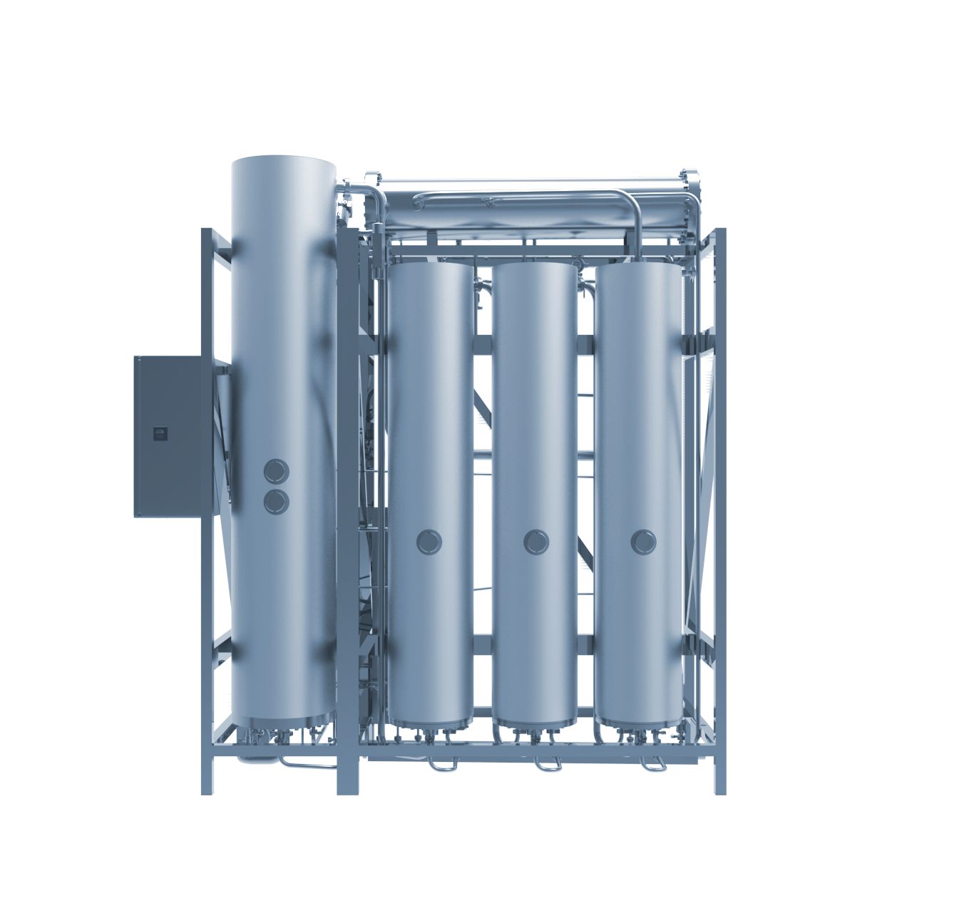 Industrial AQUA-NOVA® COMBI multi-effect still for WFI and Pure Steam production, showcasing a series of vertical cylindrical chambers with piping and control box, designed for simultaneous water purification processes