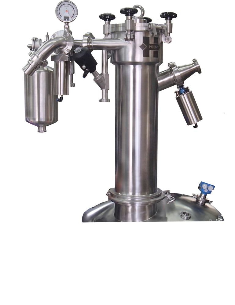 HECHT ProClean Conveyor (PCC) 200 NP, a stainless steel pneumatic conveying system with an innovative filter head, multiple connection points, and a pressure gauge. Designed for the safe, efficient transfer of bulk solids in industrial settings, ensuring dust-free and contamination-free handling.