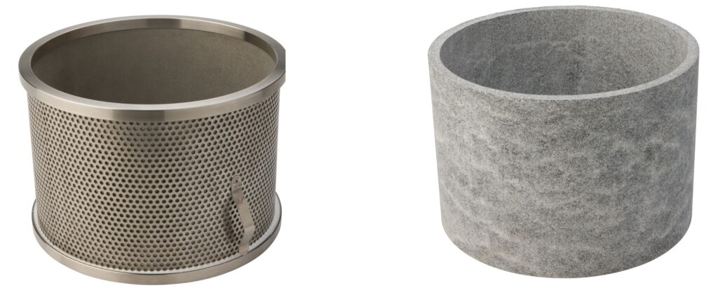 Two types of HECHT PCC filters side by side; on the left is a perforated stainless steel basket filter with a lifting handle, and on the right is a felt-like cartridge filter, both designed for use in fine particulate filtration in industrial applications.