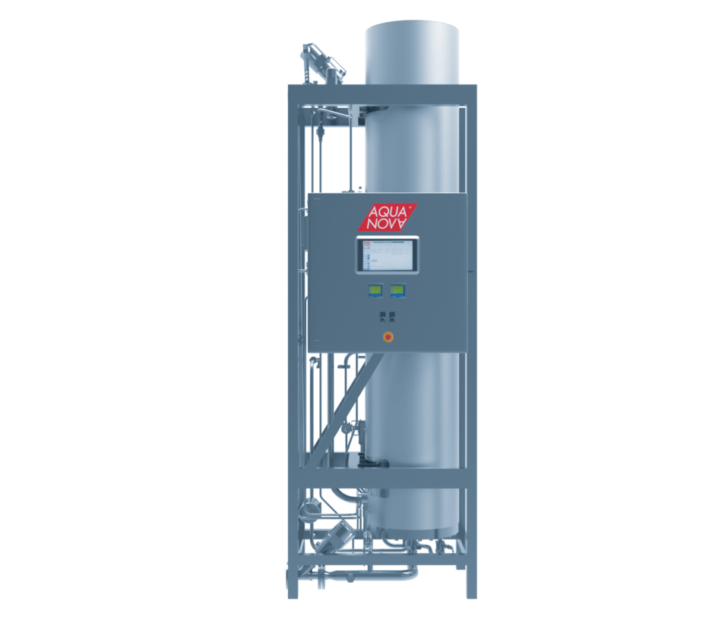 AQUA-NOVA® 3rd Generation Pure Steam Unit, displayed vertically with a prominent control panel, designed to produce Pure Steam of WFI quality. Features include fully automatic function, a unique 4-step separation system, and a compact, easy-to-install structure, ensuring operational safety and space efficiency.